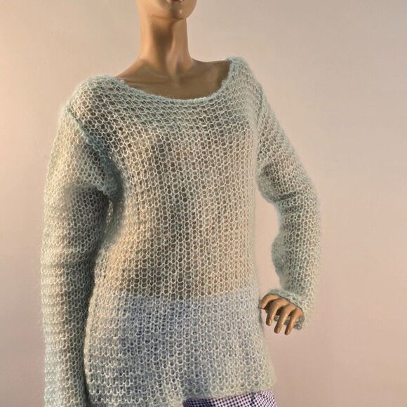 Mohair Blend Loose Knit  Sweater Womens Sz Large Pastel Aquatic Teal Boho Y2K - Picture 4 of 6